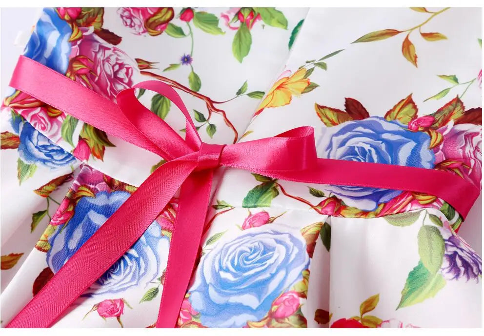 Summer Girls Rose Print Dress Princess Wedding Birthday Party Frocks Satin Children Vestidos Dresses For Girl Christmas Clothing