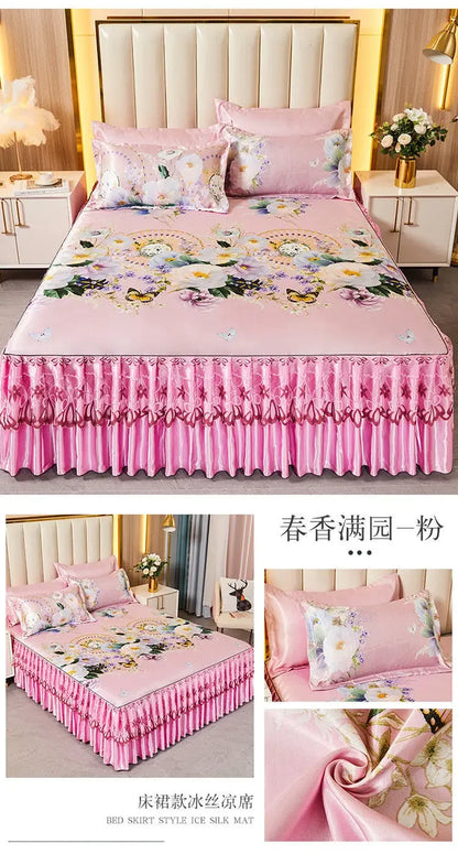 3Pcs/Lot Double Bed Sheet Set Classic Lace Royal Blue Bed Sheet Bed Skirt
