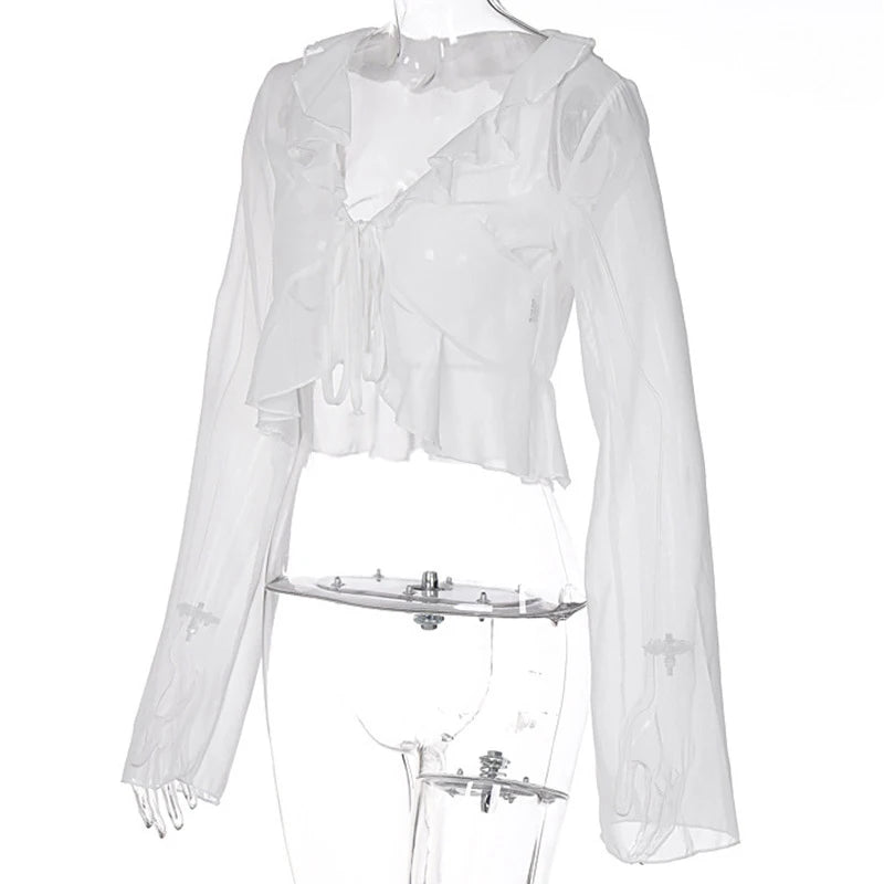 Vintage 90s Streetwear Ruffles Trim Green Chiffon T-shirts Y2K Fashion Sexy Deep V Lace Up Long Sleeve Tops Transparent - AMULET RING STORE