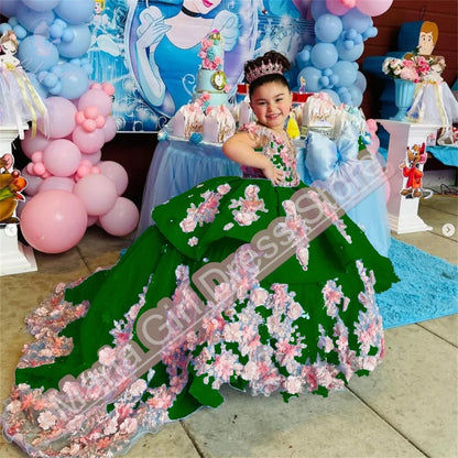 Luxury Appliqué  Flower Girl Dress Spaghetti Straps Birthday Lace Appliques Off Shoulder V-Neck First Communion Gown