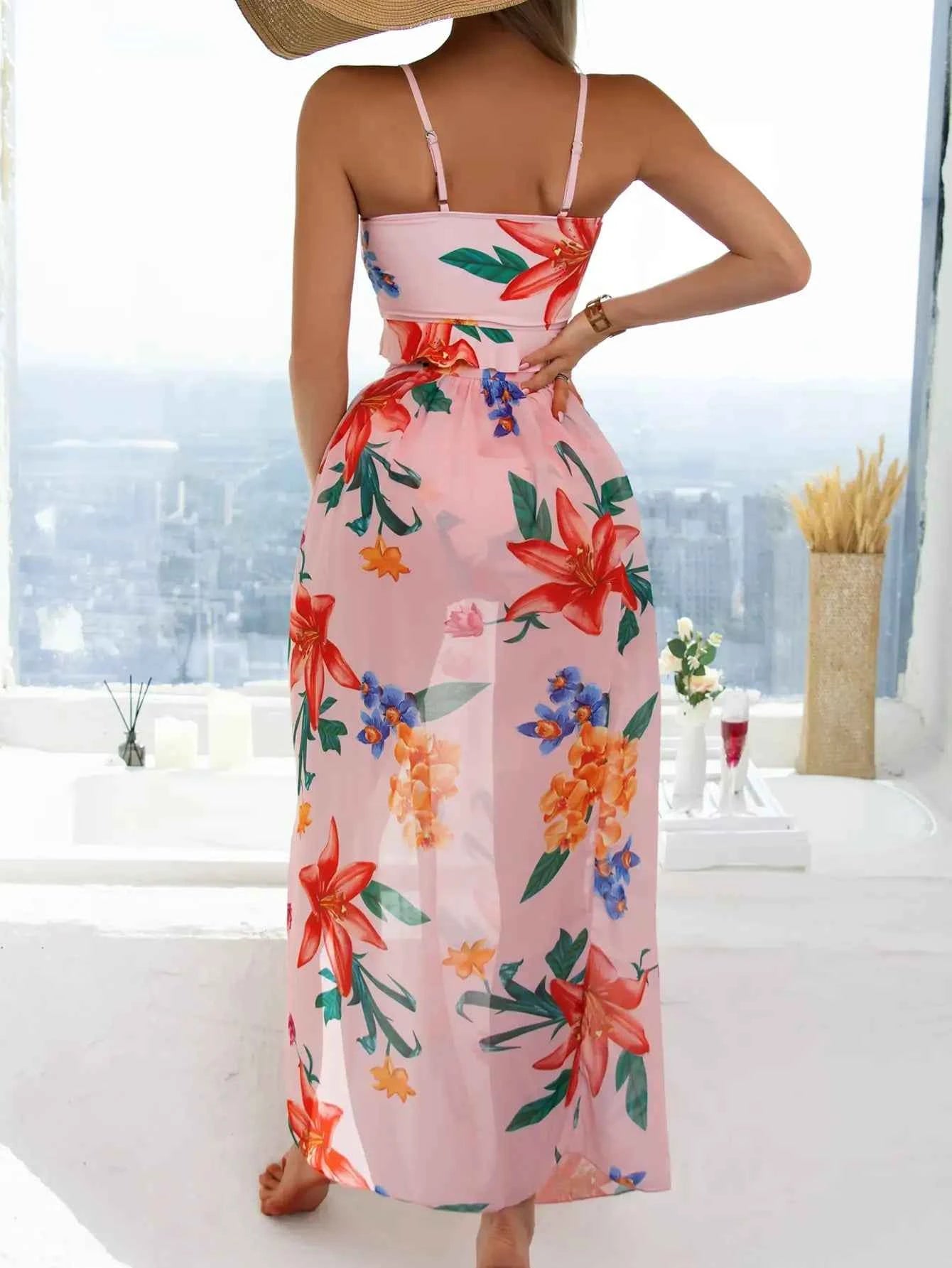 3 Pieces Floral Print Knot Front Bikinis 2025 Women Ruffle Swimwear Female High Waist Swimsuit With Beach Skirt Bathing Suit