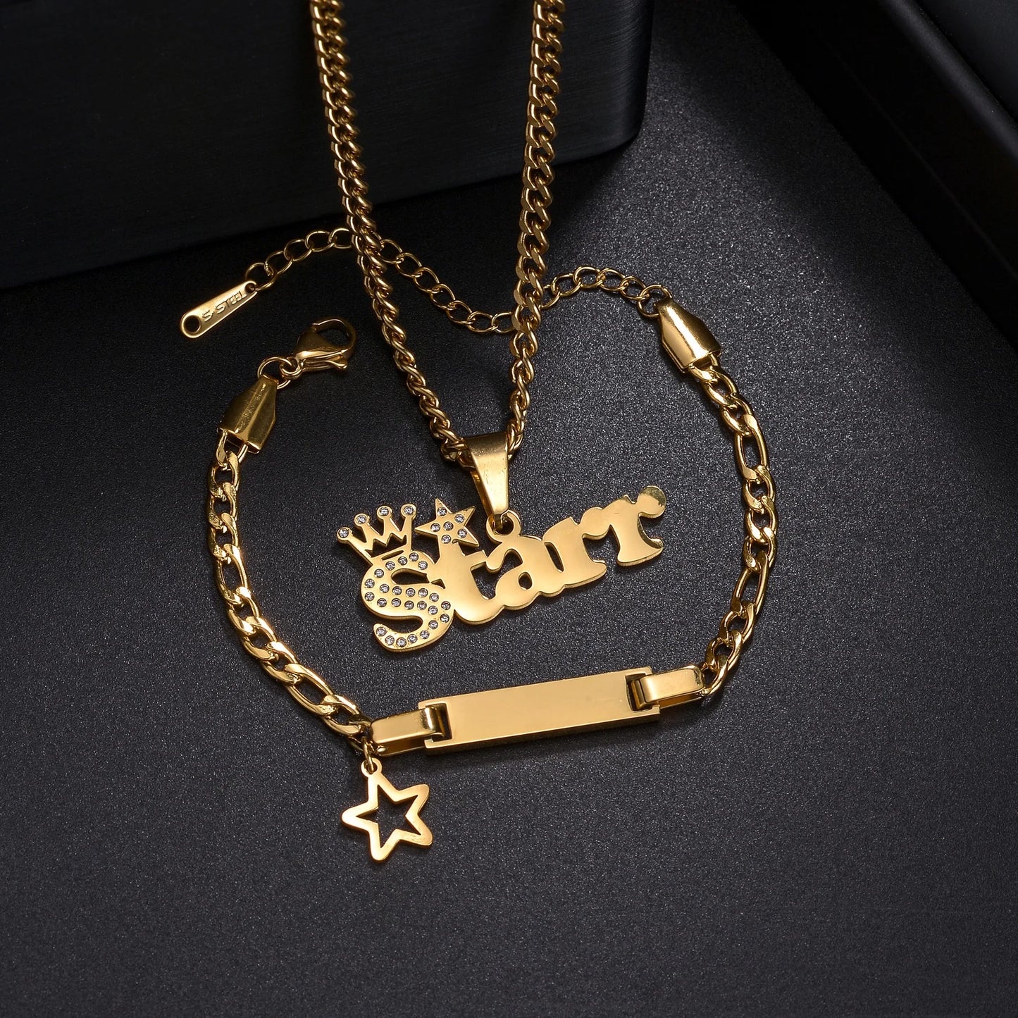 Custom Engrave Children's Name Bracelet 35cm Necklace Stainless Steel Jewelry Sets for Kids Baby Personlized Crown Birthday Gift