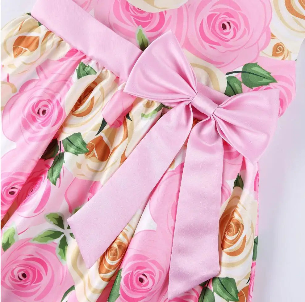 Summer Girls Rose Print Dress Princess Wedding Birthday Party Frocks Satin Children Vestidos Dresses For Girl Christmas Clothing