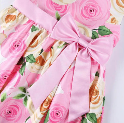 Summer Girls Rose Print Dress Princess Wedding Birthday Party Frocks Satin Children Vestidos Dresses For Girl Christmas Clothing