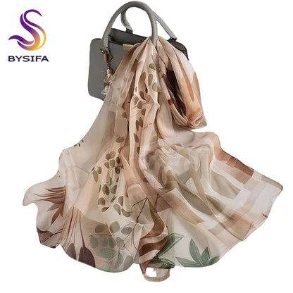 [BYSIFA] Women Chiffon Pure Silk Scarf Cherry Blossom Floral Design Long 100% Silk Shawl Scarf Purple Pink Silk Scarves Echarpes
