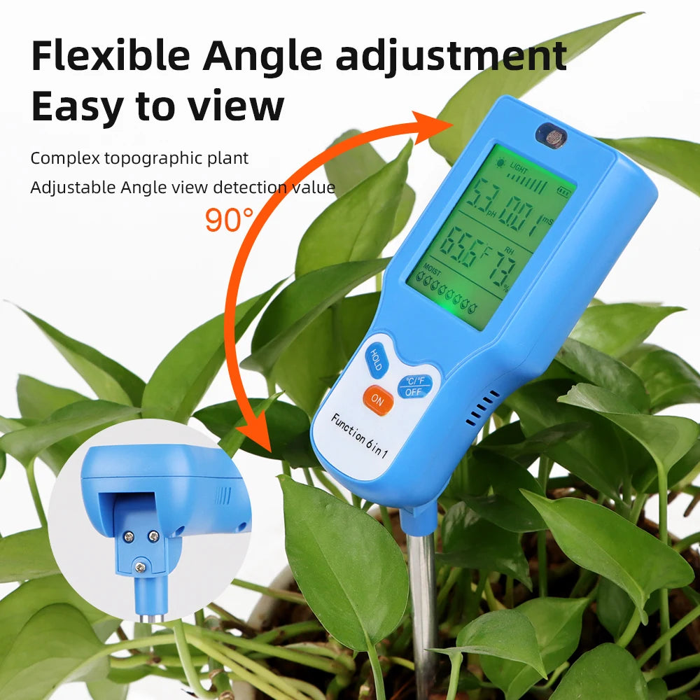 90° Digital 6 in 1 Multifunctional Soil PH Temperature Meter Farm Garden Fertility Moisture Sunlight Humidity Tester Detector - AMULET RING STORE