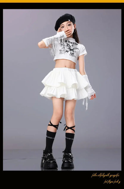 Hip Hop Girls Crop Top Plaid Street Dance Skirt Kids Ribbon Pleated Skirts Teens Jazz Cool Costumes Child Streetwear Clothes Set