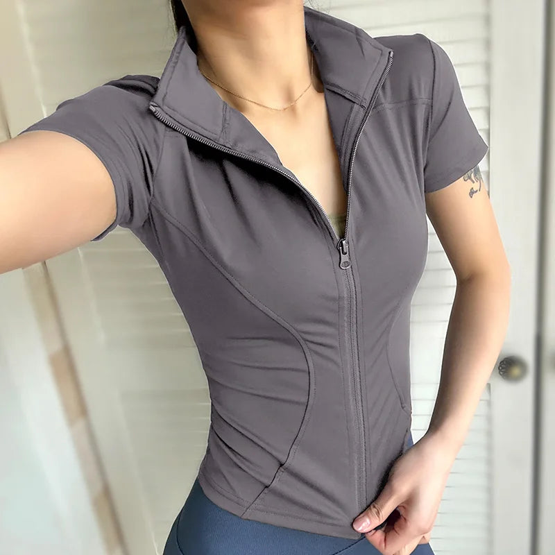 Summer High Quality Waist Slimming Training Tops Women's Quick-drying Tight Stand Collar Full Zipper Short Sleeves Yoga shirts - AMULET RING STORE