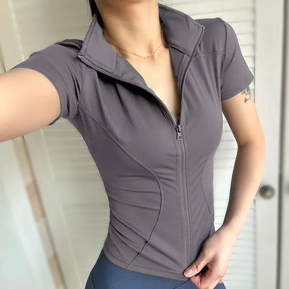 Summer High Quality Waist Slimming Training Tops Women's Quick-drying Tight Stand Collar Full Zipper Short Sleeves Yoga shirts - AMULET RING STORE