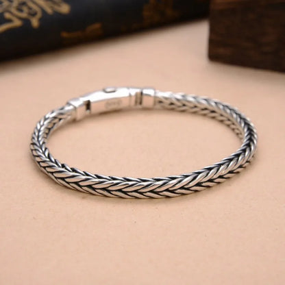 100% S925 Sterling Silver Handmade Woven Retro Domineering Style Personality Keel Man Woman Pure S925 Silver Bracelet Jewelry - AMULET RING STORE