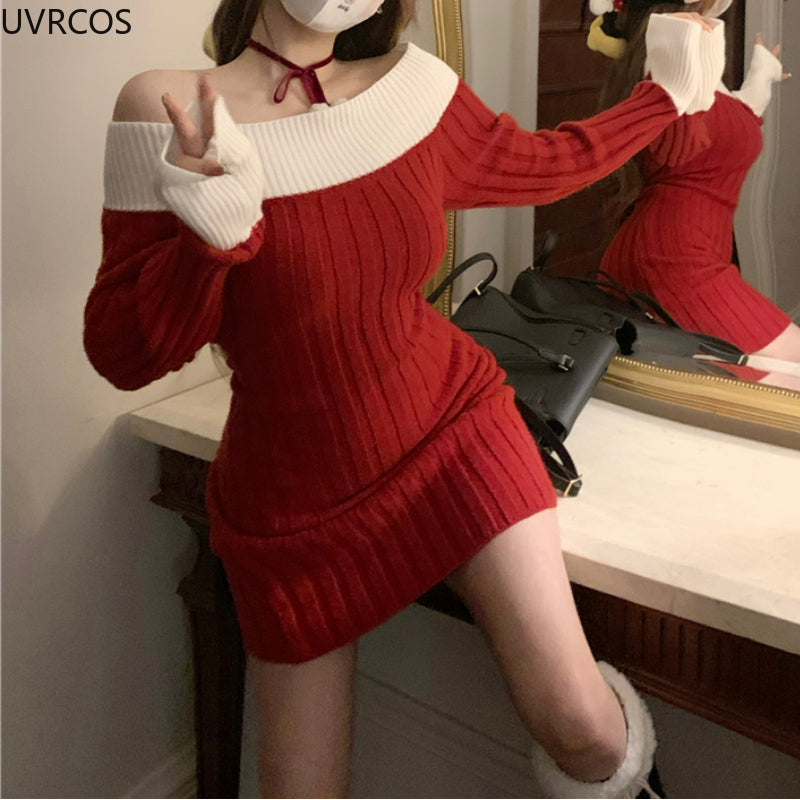 Sexy Red Christmas Dress Women Autumn Winter Korean Style Slash Neck Bodycon Knitted Dresses Female Elegant Y2k Party Mini Dress - AMULET RING STORE