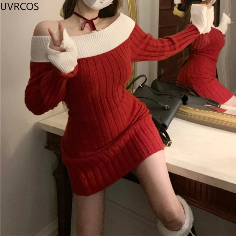 Sexy Red Christmas Dress Women Autumn Winter Korean Style Slash Neck Bodycon Knitted Dresses Female Elegant Y2k Party Mini Dress - AMULET RING STORE