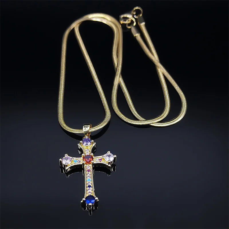 Shiny Hip Hop Zircon Cross Pendant Necklace for Women Stainless Steel Crystal Choker Christian Necklaces Jewelry cruz colgante