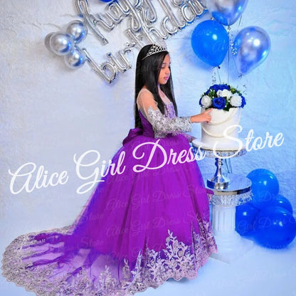 Customized Royal Blue Princess Flower Girl Dress for Wedding Lace Appliques Full Sleeve Baby Birthday Dress First Communion Gown