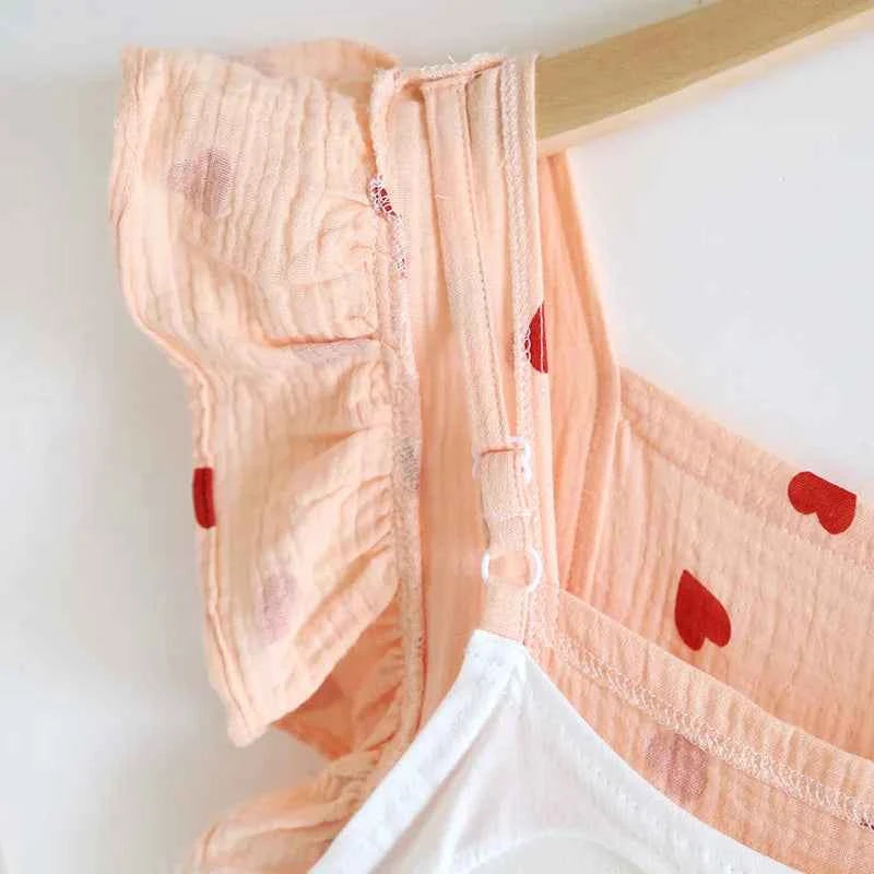 2025 Summer Women's New Sleeping Skirt 100% Cotton Crepe Wood Ear Edge Tank Top Skirt Love Belt Chest Cushion Home Dress Ladies