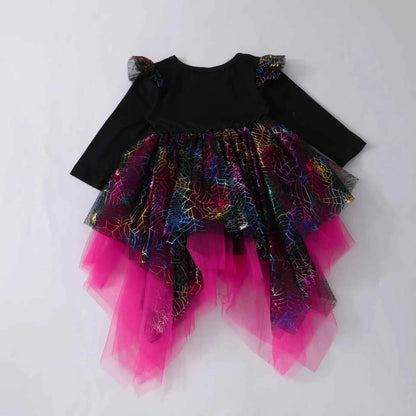 New Baby Girls Cute Cartoon Halloween Dress Long Sleeves Spliced Mesh Yarn Irregular Dress  Autumn Princess Party Tutu Dresses
