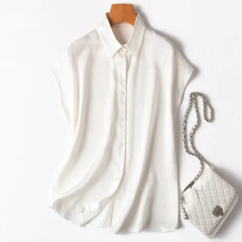 Women 100% Mulberry Silk 20 momme Heavy Silk Peacock Blue Collared Short Sleeve Buttons Down Shirt Top Blouse office work MM567