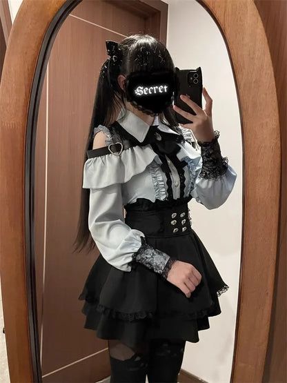 Sweet Gothic Lolita Two Piece Set, Off Shoulder Blouse + High Waist Skirt, Kawaii Tri-color Lace Coord Outfit for Women & Teens