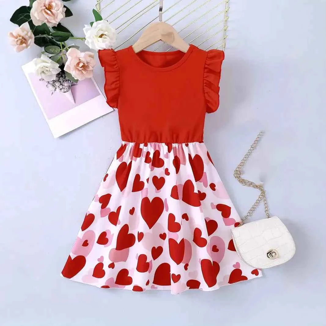 1pcs Summer New Girl's Dress Clothing Childrens Love Print Casual Dresses Princess Sweet Cute Kid's Babys Knit Clothes 100-130cm