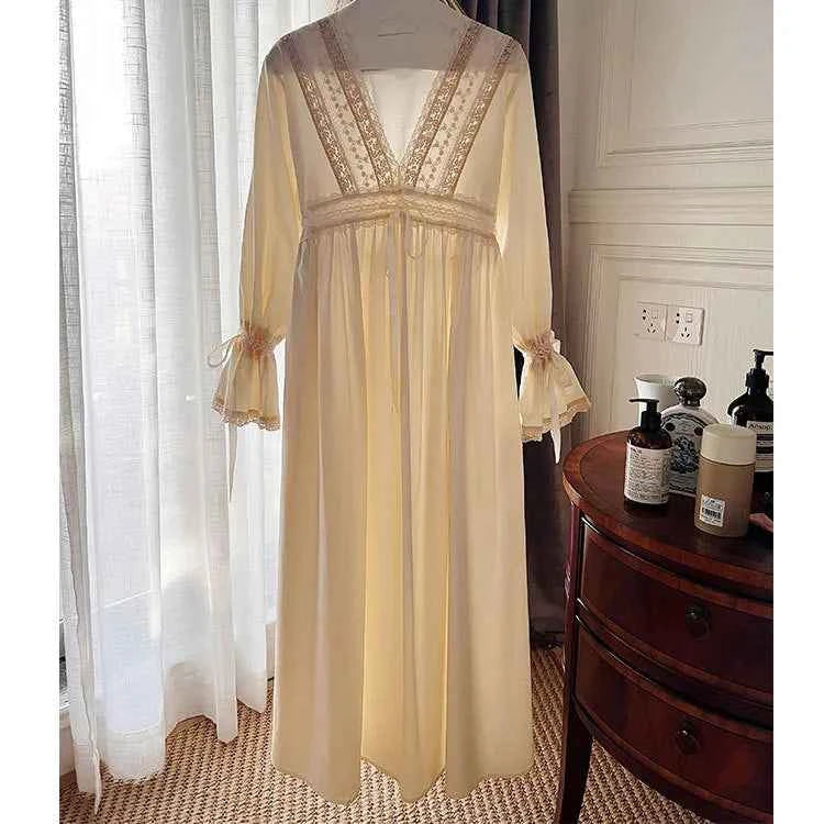 Vintage Embroidery Cotton Long Nightgowns For Lady Lace  Long Sleeve Beige Elegant Nightshirts Comfortable Sexy Night Dress