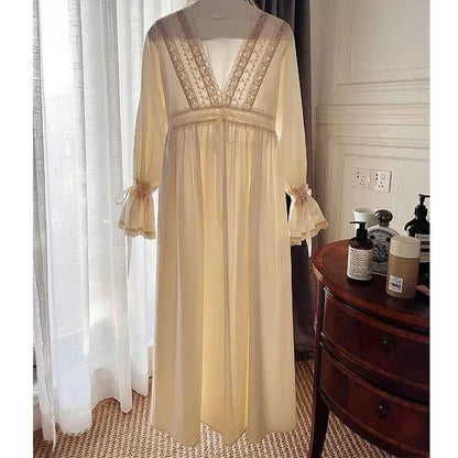 Vintage Embroidery Cotton Long Nightgowns For Lady Lace  Long Sleeve Beige Elegant Nightshirts Comfortable Sexy Night Dress