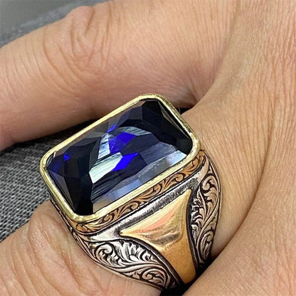 Delicate Square Geometry Grave Gold Silver Color Blue Stone Rings for Men