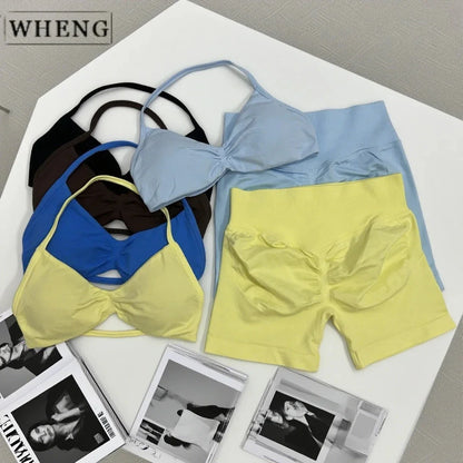 WHENG 2PCS Yoga Fitness Suit Women's Seamless Lace-Up Yoga Bra Top High Waist Workout Scratch Shorts Sports Suit Fitness Suit