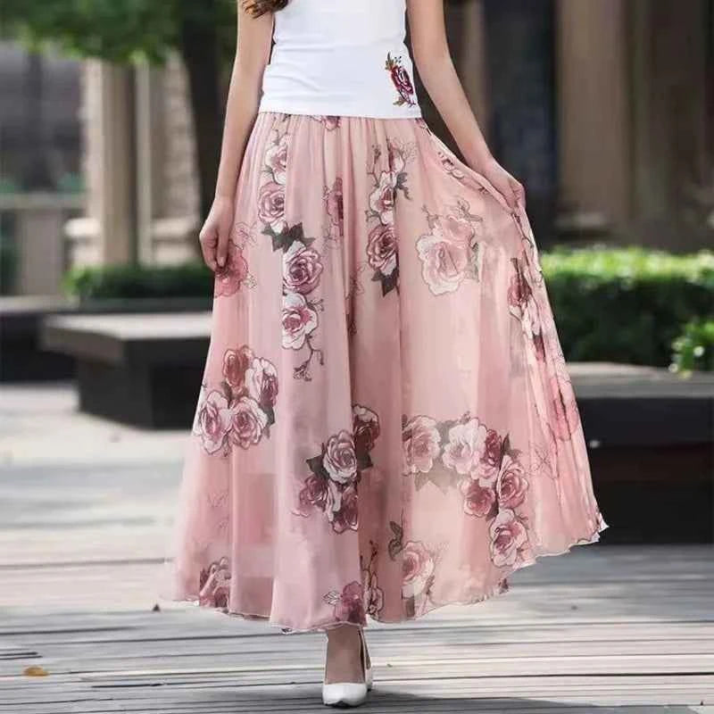 Chiffon Floral Maxi Summer Skirt Women Long High Waist Holiday Dance Skirt Elegant Beach Boho Hot Sale Lady Vintage Girl Fairy