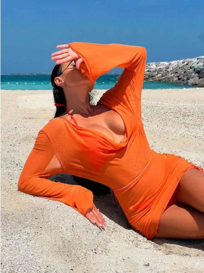 2024 Red 3 Pieces Set Swimsuit Women Thong Swimwear Sexy Matching Bikini Set Long Sleeve Dress Cover Up Beachwear Bathing Suit