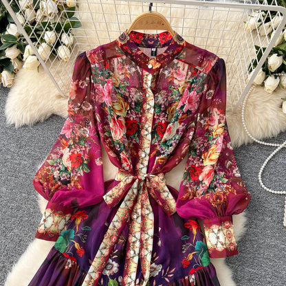 SINGREINY Vintage Print Chiffon Dresses Women Lantern Sleeve O Neck Design Fashion High Quality Court Floral Pleated Long Dress