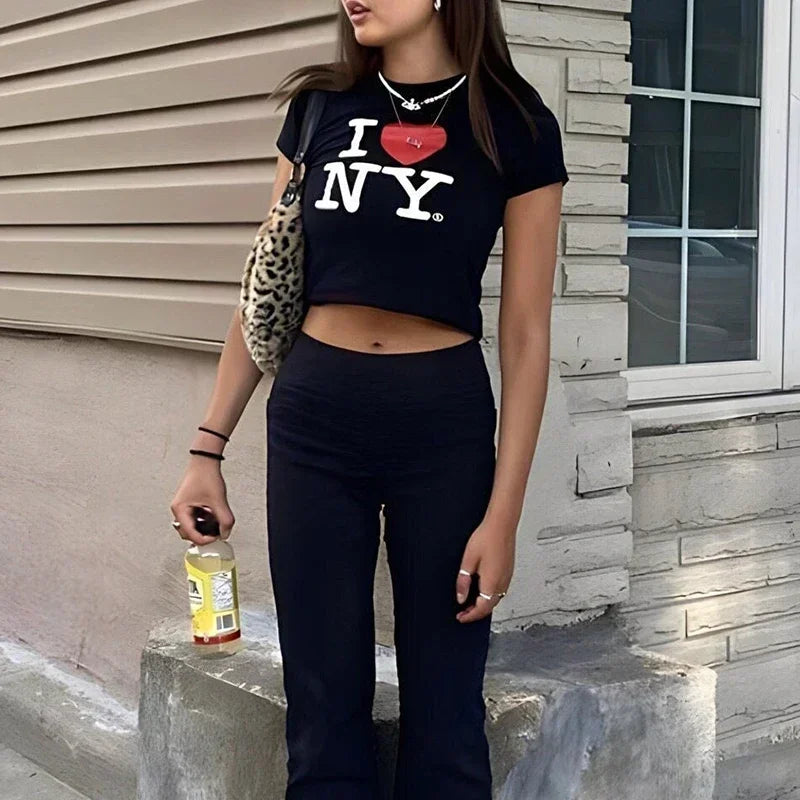 I Love New York NY O Neck Womens Cropped Top Harajuku Gothic Clothes Y2k Summer Fashion T Shirt Baby Tee 2000s Tshirt Dropship - AMULET RING STORE