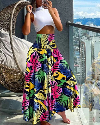 Fashion Cotton Women Floral Print Skirt Side Tie Beach Skirts Summer High Waist Wrap Flower Long Skirt