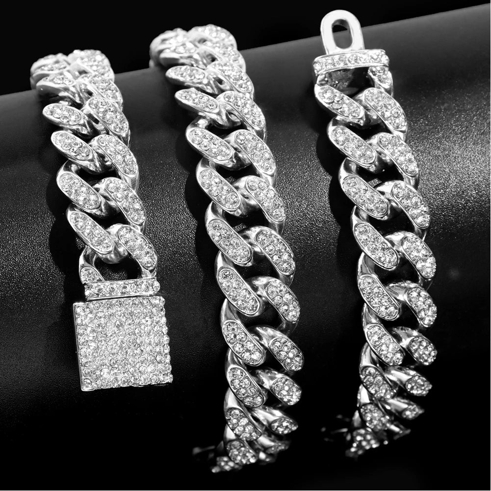Iced Out Bling AAA Rhinestones Prong Cuban Link Chain Men's Necklace 2 Row Crystal Curb Cuban Chain Hip Hop Jewelry 13/14/20MM - AMULET RING STORE