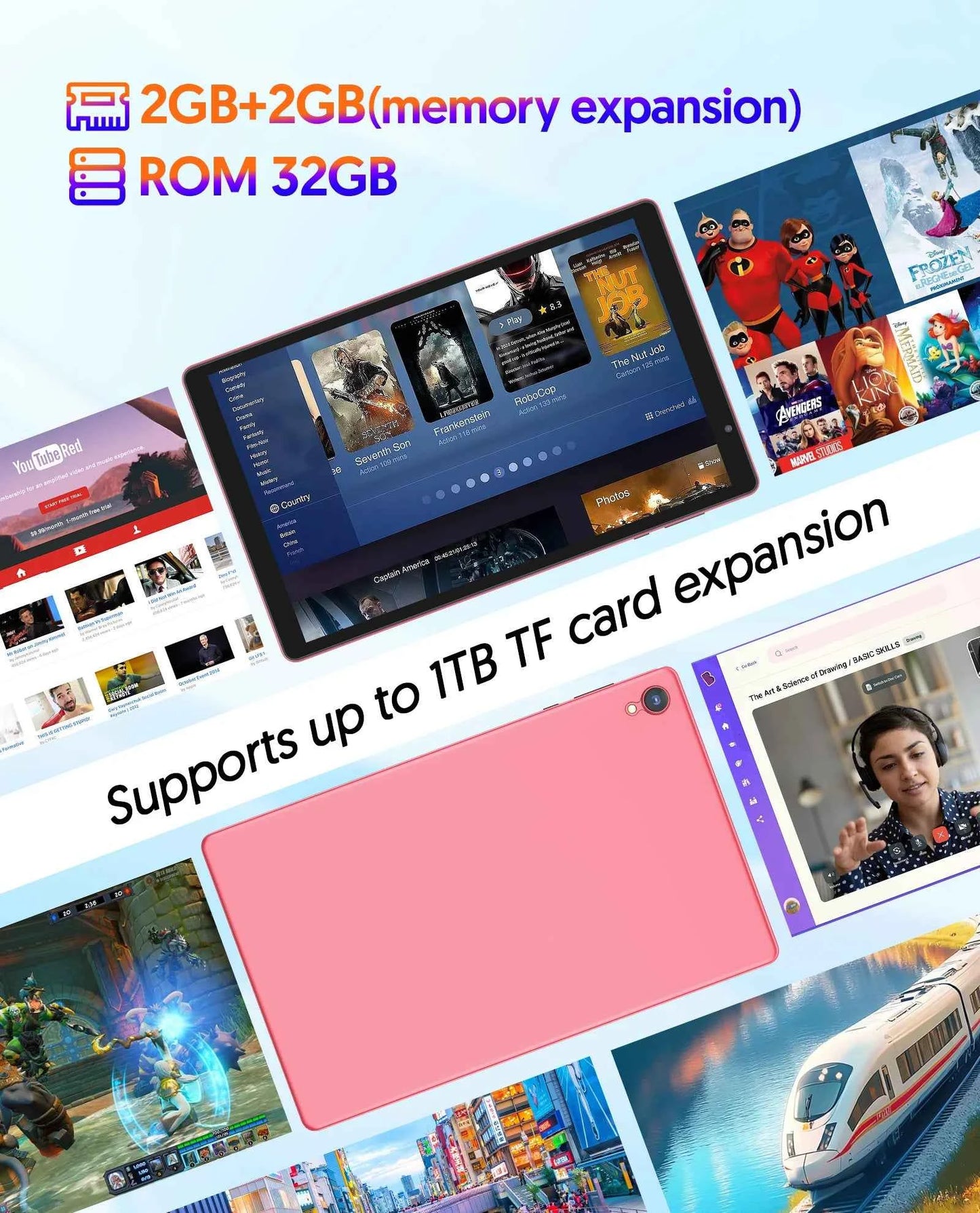 10-inch Android tablet, 4GB (2g+2g memory expansion) RAM+32GB ROM, 1280x800 IPS screen, dual cameras, WiFi, Bluetooth, dual spea