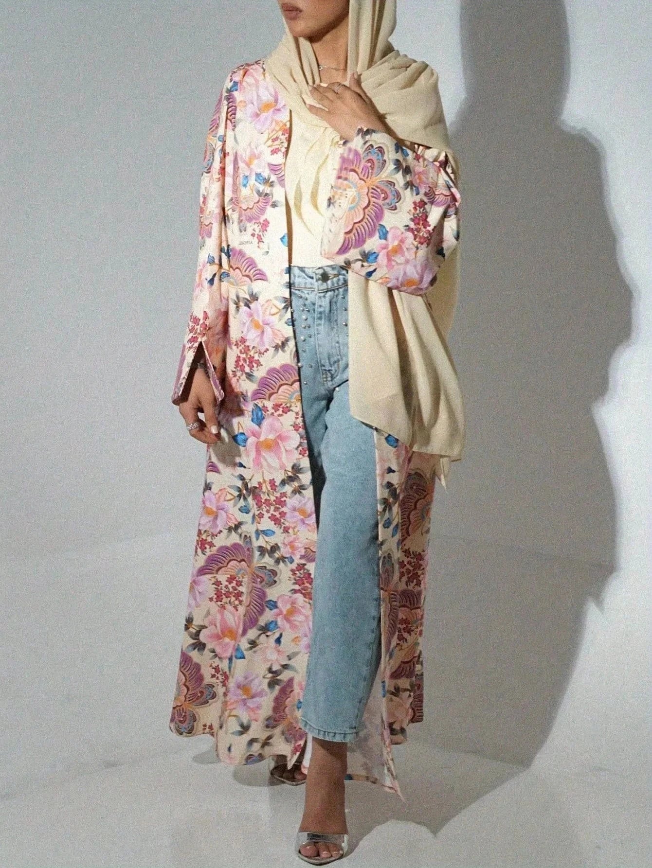 Middle Eastern Loose Printed Floral Abaya Muslim Full Sleeve Open Front Abayas Women Jilbabs Islamic Maxi Dresses Turkey Kaftans - AMULET RING STORE