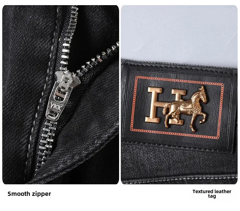 H Home Autumn/Winter Thickened European Style High-End Jeans Men's Trendy Brand Slims Smooths Your Silhouette Small Footed Trend