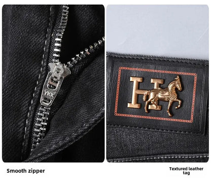 H Home Autumn/Winter Thickened European Style High-End Jeans Men's Trendy Brand Slims Smooths Your Silhouette Small Footed Trend