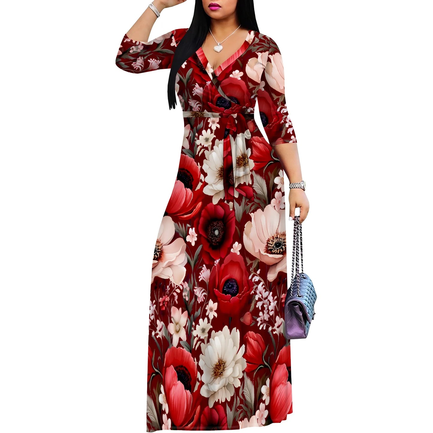 Women's Casual Watercolor Floral Pattern Wrap Maxi Dresses V Neck 3/4 Sleeve Tie Waist Dress Long Dresses for Women 2025 - AMULET RING STORE