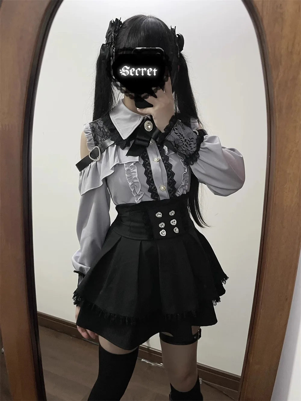 Sweet Gothic Lolita Two Piece Set, Off Shoulder Blouse + High Waist Skirt, Kawaii Tri-color Lace Coord Outfit for Women & Teens