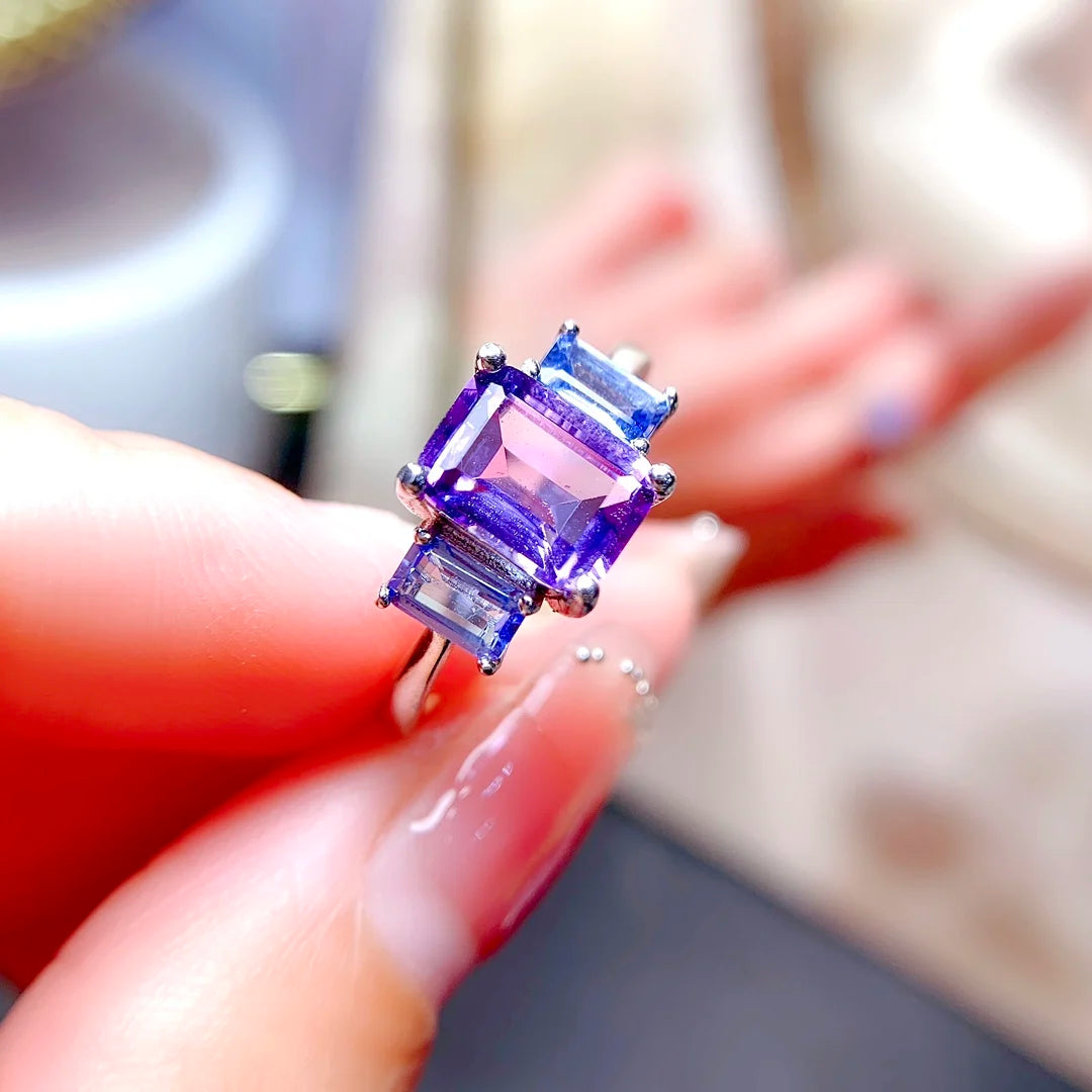 925 Sterling Silver Vintage  Rings Retro Natural Tanzanite and Natural Amethyst  FineJewelry for Women and Girls