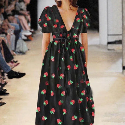 French Style Strawberry Two-tone V-neck Long Dress Sequins Ruffles Fashionable Net Yarn Sleeveless Robe