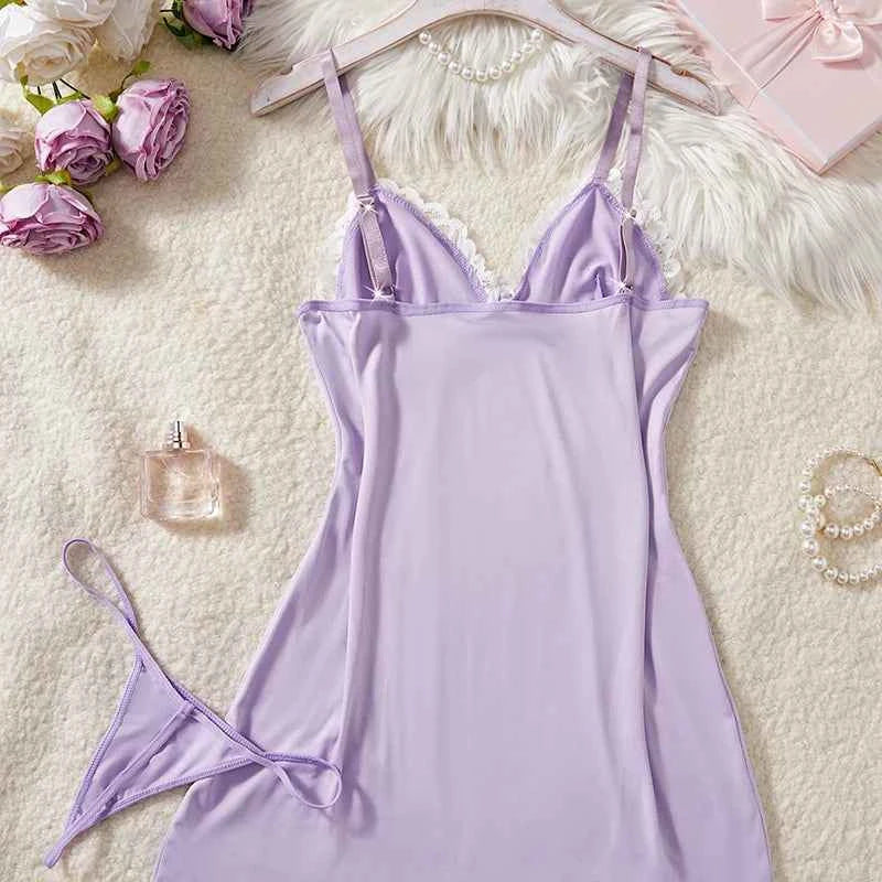 Deep V Women Nightdress Light Purple Sexy Adult Lace Bow Temptation Lingerie Gentle Erotic Clothing Dress Babydoll Underwear Set