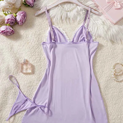 Deep V Women Nightdress Light Purple Sexy Adult Lace Bow Temptation Lingerie Gentle Erotic Clothing Dress Babydoll Underwear Set