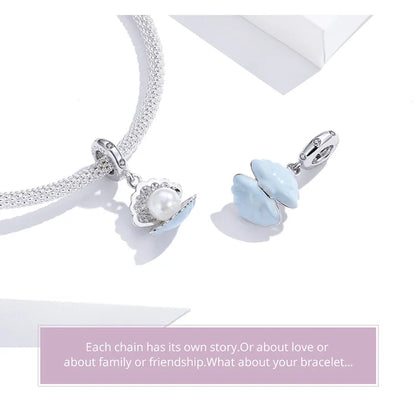 BISAER 925 Sterling Silver Charm Ocean Style Fish Dolphin Mermaid Shell Blue CZ Bead For Necklace&Bracelet DIY Fine Jewelry Gift - AMULET RING STORE