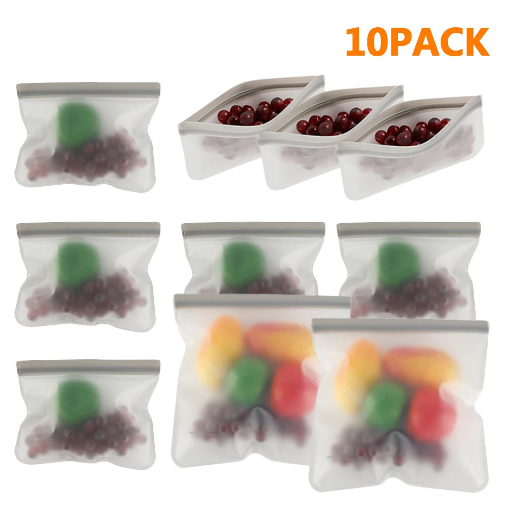 10Pcs Silicone Food Storage Bag Leakproof Reusable Stand Up Zip Shut Bag Cup Fresh Bag Food Storage Bag Fresh Wrap - AMULET RING STORE