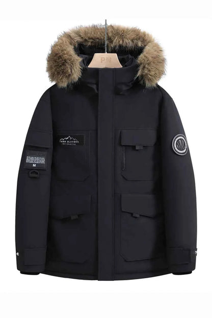 New winter jackets for men with hoods and leather collars. New high-quality waterproof jackets for men. Casual and warm jackets