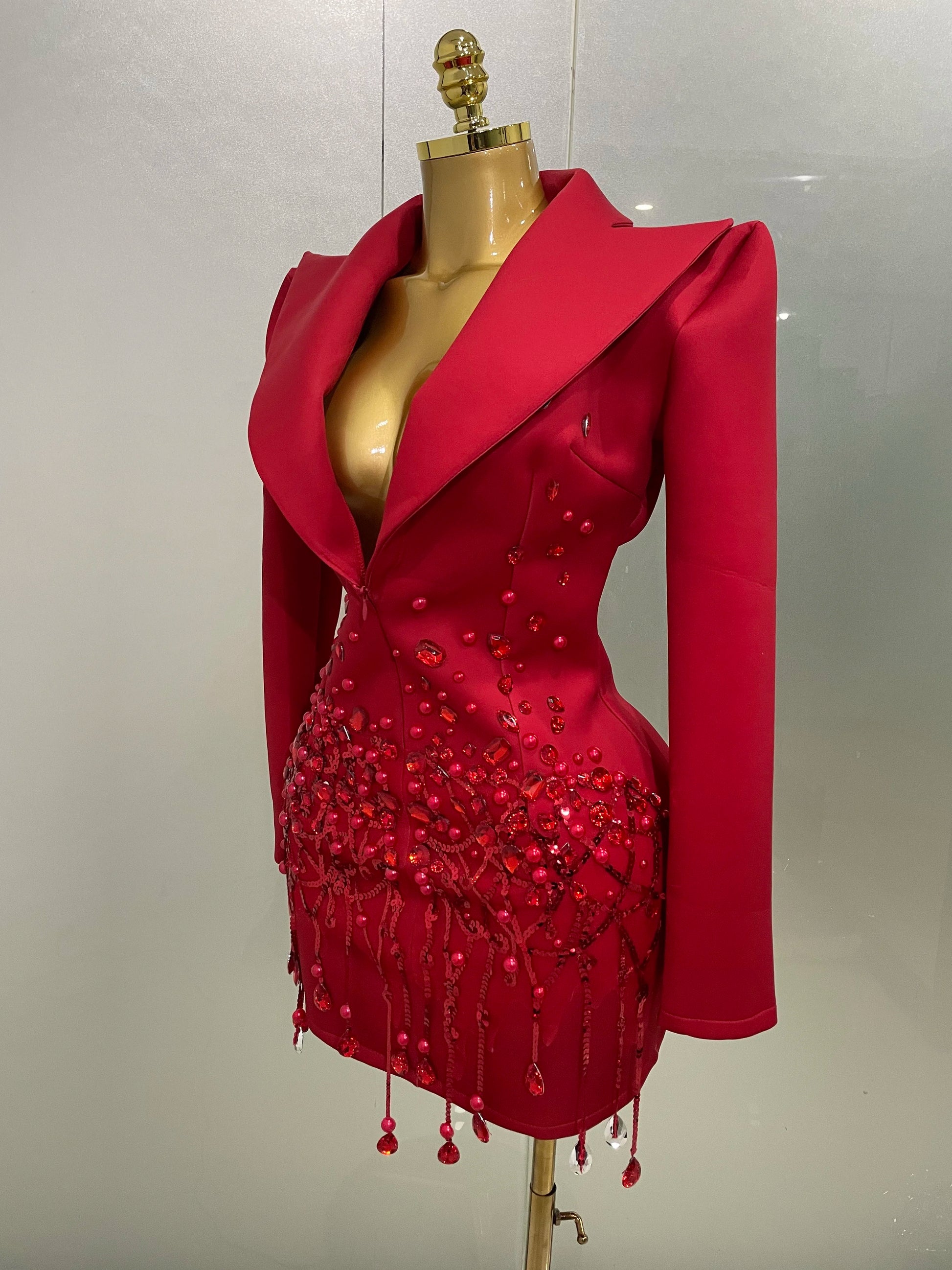 Sparkly Crystal Chains Pearls Long Sleeve Mini Dress 2025 Women Birthday Evening Party Nightclub Outfit Singer Wedding Costume - AMULET RING STORE