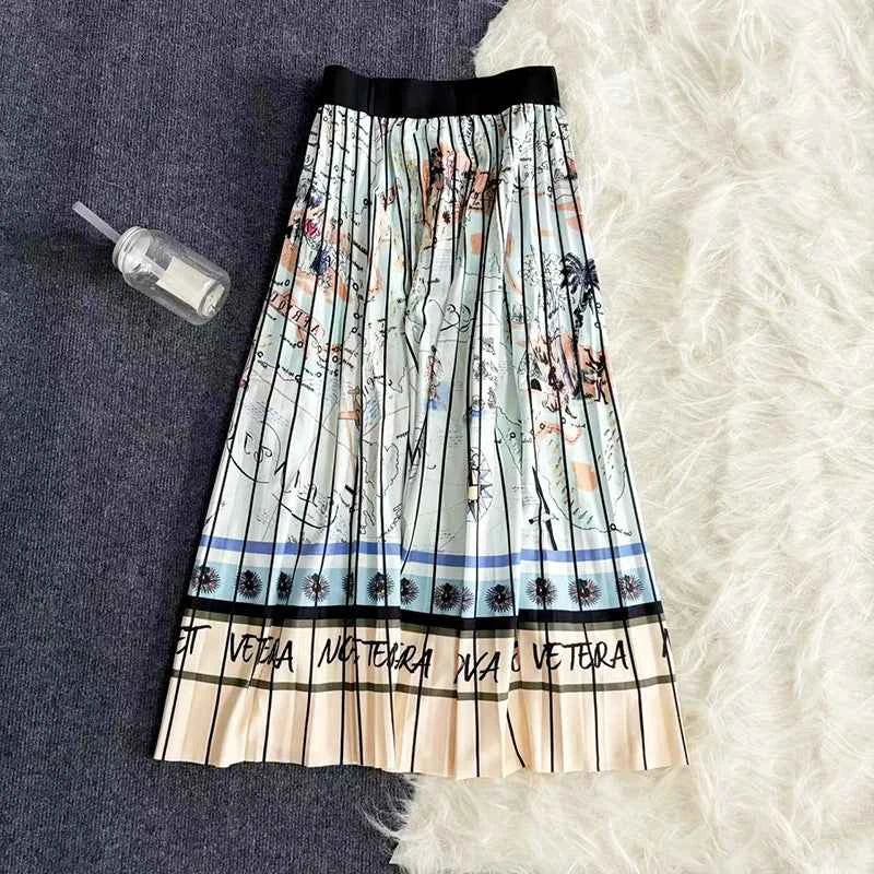 Autumn Skirts Womens New Vintage Floral Print Pleated Skirt Elastic High Waist Casual Midi Skirt Women Clothes Jupe