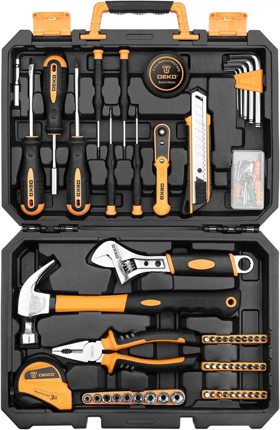 DEKO 100 Piece Home Repair Tool Set,General Household Hand Tool Kit with Plastic Tool Box Storage