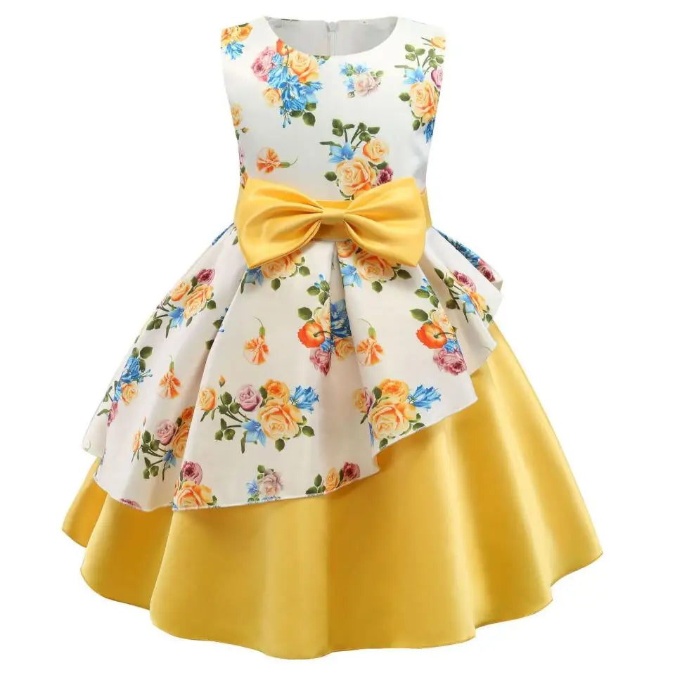Summer Girls Rose Print Dress Princess Wedding Birthday Party Frocks Satin Children Vestidos Dresses For Girl Christmas Clothing